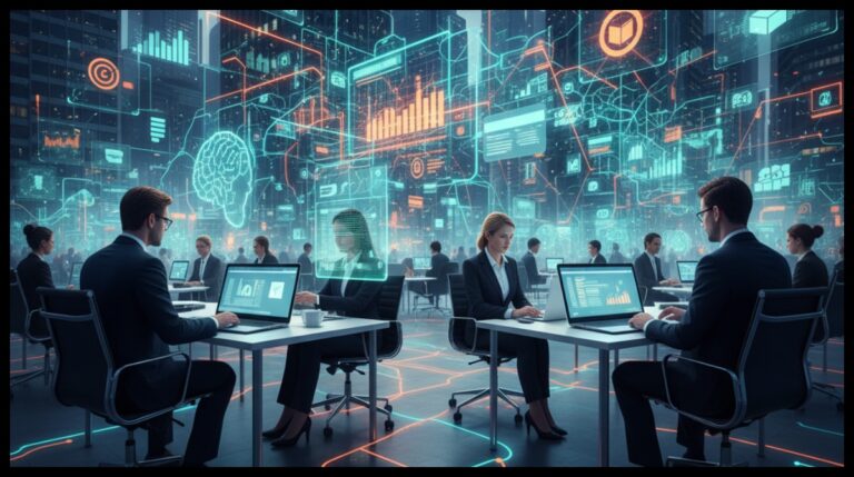 Glosario maestro de IA aplicada a negocios digitales 1 Ilustración digital realista de un entorno de oficina moderno y futurista. Rascacielos se fusionan con redes neuronales brillantes. Personas trabajando en laptops con hologramas de gráficos y datos flotando alrededor. Iconos de comercio como un carrito de compras y una tarjeta de crédito se integran con símbolos de IA, en tonos de azul, naranja neón y verde esmeralda.