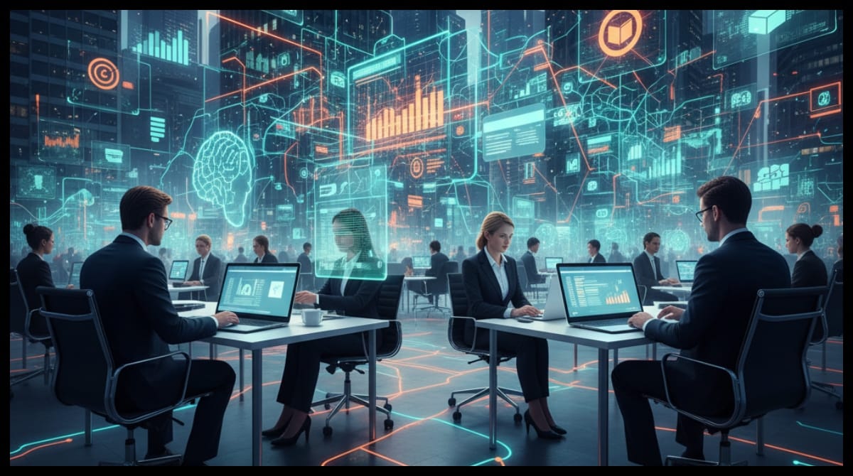 Ilustración digital realista de un entorno de oficina moderno y futurista. Rascacielos se fusionan con redes neuronales brillantes. Personas trabajando en laptops con hologramas de gráficos y datos flotando alrededor. Iconos de comercio como un carrito de compras y una tarjeta de crédito se integran con símbolos de IA, en tonos de azul, naranja neón y verde esmeralda.